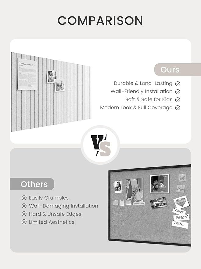 Bumusty Large Cork Board Alternative-36 x 24" Felt Bulletin Board Tiles, with 30 Pushpins, 40 Adhesive Tabs, 6-Pack Slat Wall Paneling, Cork Boards for Office Push Pin Board Felt Board-Light Gray