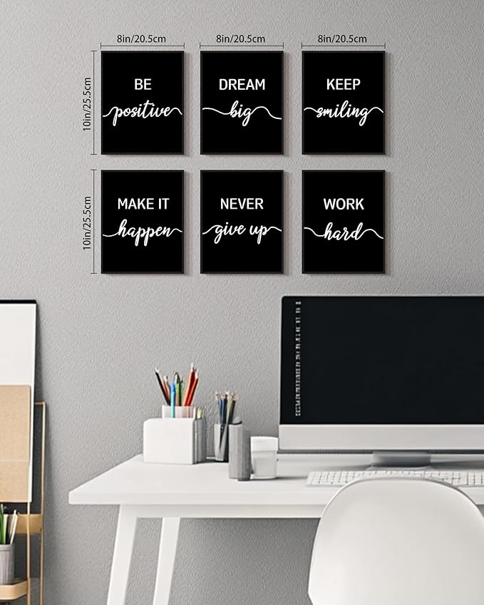 KUVIOKE Inspirational Office Wall Decor Motivational Quotes Framed Wall Art Encouraging Positive Affirmations Sayings for Kids Classroom Bedroom Ready to Hang Set of 6, 8x10in (Black Framed)
