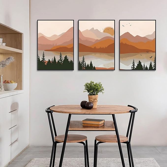 Bwodke Framed Mountain Wall Art Nature Landscape Watercolor Sun Forest Canvas Picture Prints Set of 3 Artwork Painting Home Wall Decor for Living Room Bedroom Office, Orange