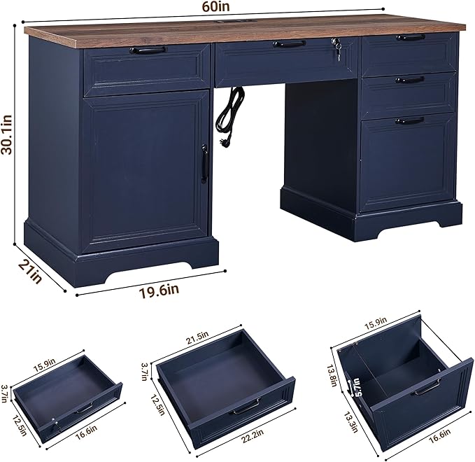 60" Farmhouse Executive Desk with Lock,Home Office Desk with Charging Station,Executive Desk with 4 Drawers & 1 Cabinet&1 File Cabinet for Office and Home