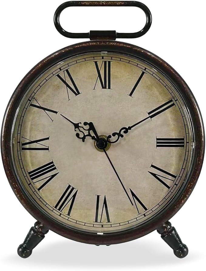 Vintage Desk Clock, 8 Inches Silent Non-Ticking Battery Operated Metal Table Top Clock for Bedroom, Living Room, Office, Shelf Decor (Brown)