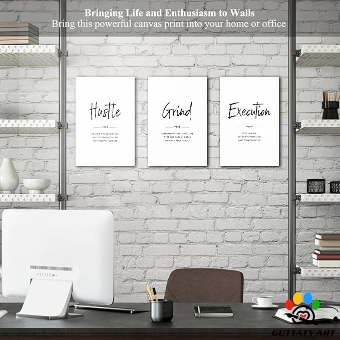 Office Wall Art - 3 Panel Motivational Wall Art, Inspirational Quotes Canvas Art for Home Office Wall Decor, Positive Quotes Wall Decor, Entrepreneur Grind Hustle Execution Poster Frame (12”x24”x3Pcs)