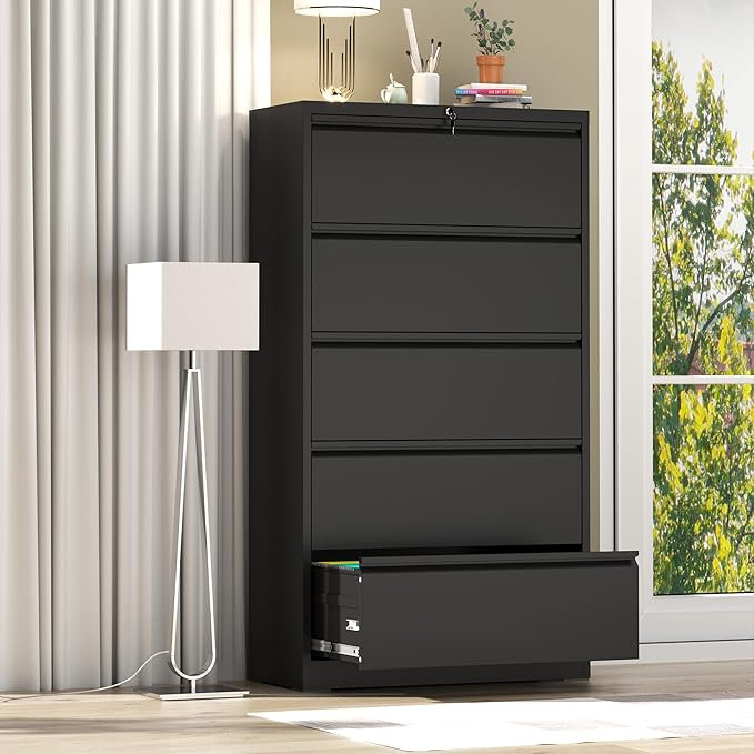 File Cabinet with Lock, 5 Drawer Lateral Filing Cabinet for Home Office, Metal Heavy Duty File Cabinets for Hanging Letter/Legal/F4/A4 Size Files, Assembly Required (Black)