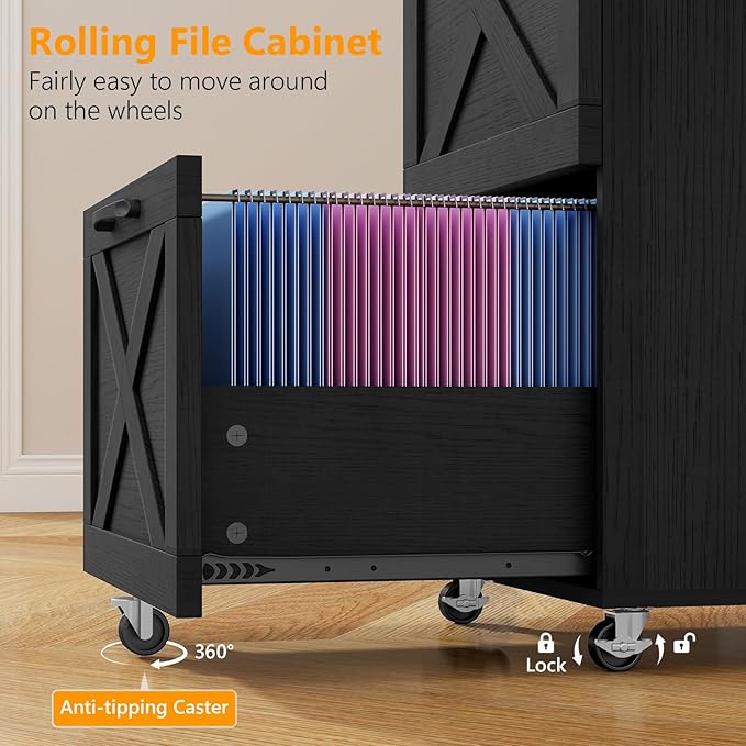 Vabches Farmhouse File Cabinet with 2 Drawers, Vertical Filing Cabinet on Wheels for Letter/A4 Size Hanging Files, Mobile File Cabinets Printer Stand for Home Office, Black