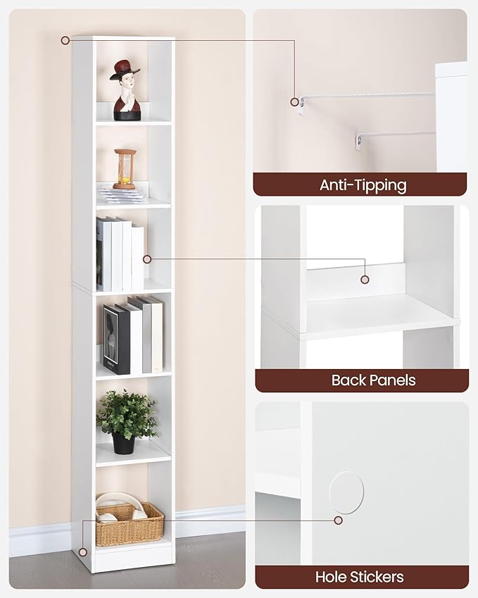 Bookcase, Tall Narrow Bookshelf, Open Display Storage Shelf, Skinny Cube Book Shelf with Adjustable Shelves, CD Rack for Living Room, Home Office 6-Tier(9.4 x 11.8 x 72.5 inch) White BC09603X