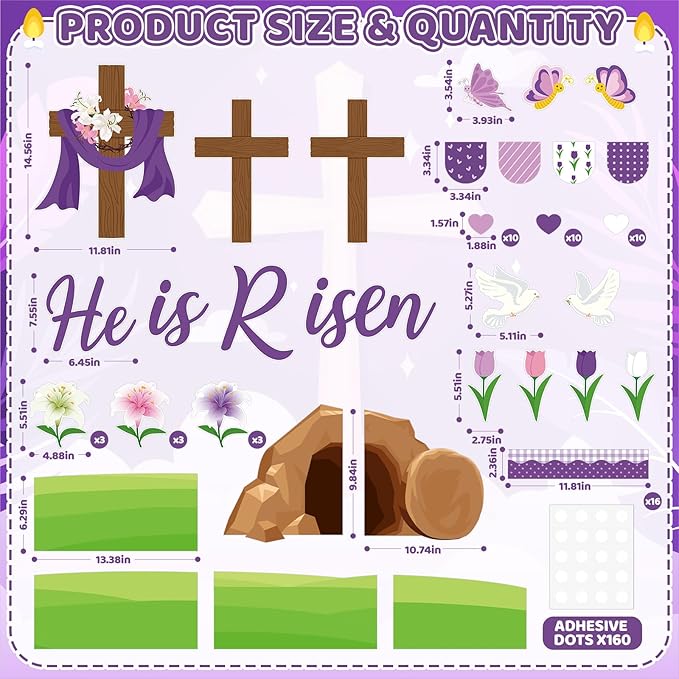 85Pcs Easter Bulletin Board Classroom Decorations Set He is Risen Christian Religious Bulletin Board Cross Flower Easter Cutouts Spring School Home Church Wall Door