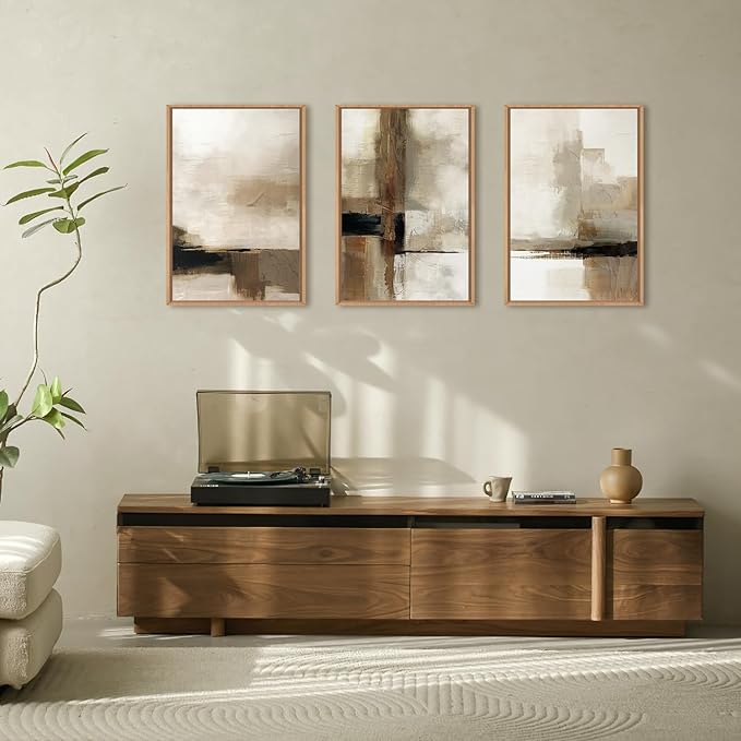 HOURIA Large Abstract Neutral Framed Canvas Wall Art Set,Brown Beige Wall Decor,Minimalist Textured Wall Painting,Modern Brush Stroke Line Art Print for Living Room,Bedroom,Office- 24"x36"x3