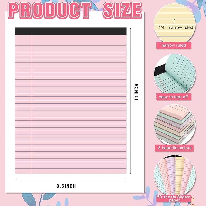 Fuutreo 8 Pcs 8.5'' x 11'' Colored Legal Pad 50 Sheets Per Writing Pads Narrow Ruled Notepad Perforated Writing Notepad Office Supplies for College Office Business (Macaron Color)