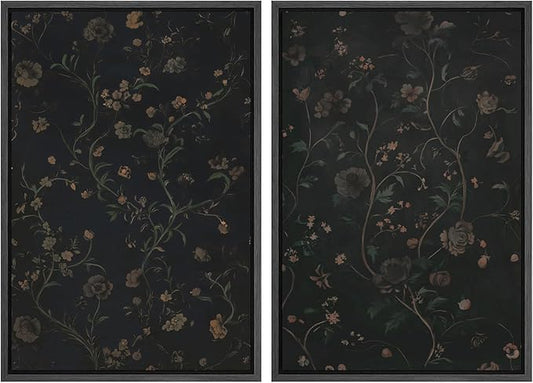 SIGNWIN Framed Canvas Print Wall Art Set Dark Vintage Floral Moody Botanical Modern Art Minimal Boho Relax/Calm for Living Room, Bedroom, Office - 16"x24"x2 Black