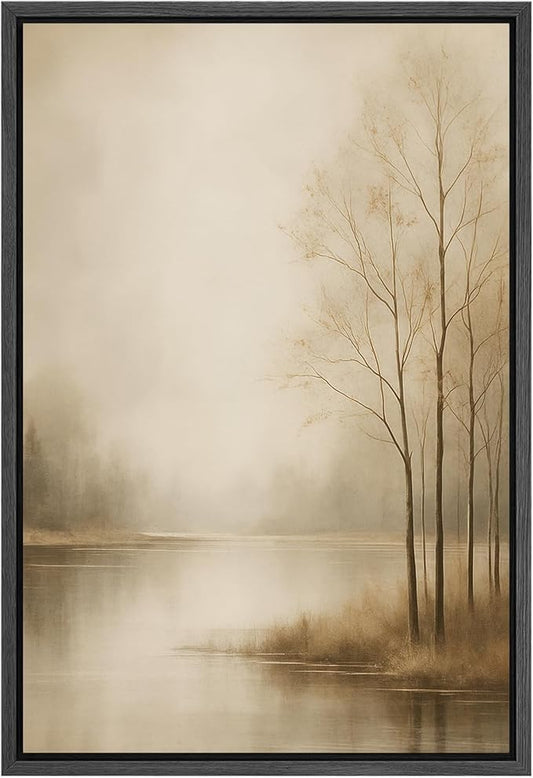 SIGNFORD Framed Canvas Print Wall Art Serene Foggy Lake Landscape with Bare Trees Illustrations Digital Art Modern Art Decorative Multicolor Rustic Minimal for Bedroom - 16"x24" BLACK