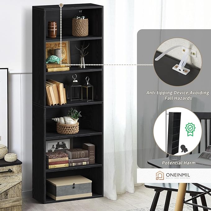 oneinmil Bookcase and Bookshelf, Floor Standing 6-Tier High Bookshelf, Display Storage Rack, Home Decorative Furniture, Suitable for Home Offices, Living Rooms, and Bedrooms,Black