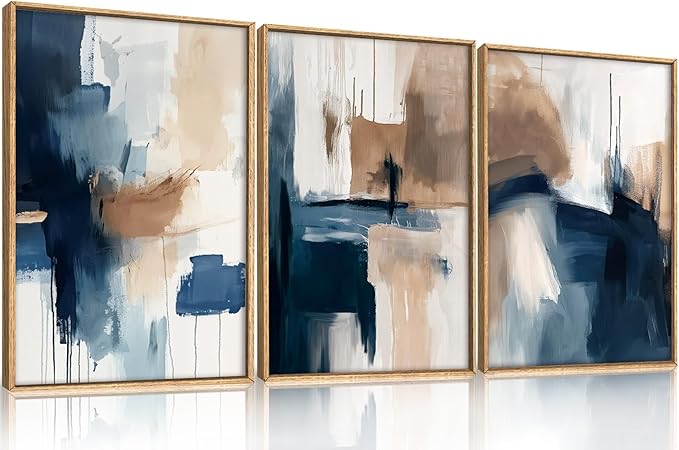Abstract Brush Stroke Framed Canvas Wall Art,Modern Pastel Wall Decor,Neutral Navy Blue Art Prints, Minimalist Watercolor Brown Artwork for Living Room,Bedroom,Dining Room-12"x16"x3