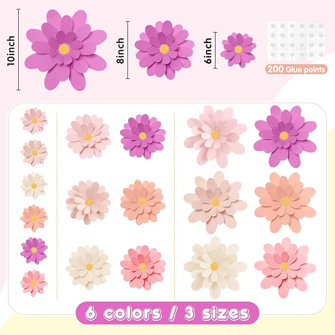18 Pcs Paper Flowers Decorations for Wall DIY Flower Bulletin Board 3D Fiesta Paper Floral Backdrop Decoration for Photo Backdrop Classroom Back to School Party(Pink Red Series)