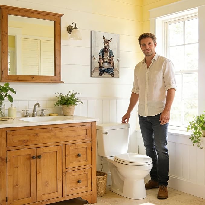 Funny Donkey Bathroom Wall Art Humorous Bathroom Pictures Wall Decor with Wooden Frame, Lightweight Donkey Sitting on Toilet Pictures Poster Animals Painting for Home Toilet Decor, 12x18 Inches
