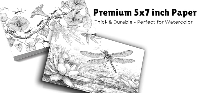Artwink Watercolor Coloring Cards – 15 Sheets (5x7 Inches), Great for Coloring Book Lovers & Watercolor Painting Practicee (Cat/Dog/Bird/Landscape Illustrations) (Flower with Insect)