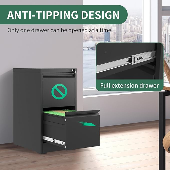 2 Drawer File Cabinet, Vertical File Cabinets with Lock for Home Office,Heavy Duty Office Steel Filing Cabinet for Hanging Letters/Legal/A4, Assembly Required (Black)