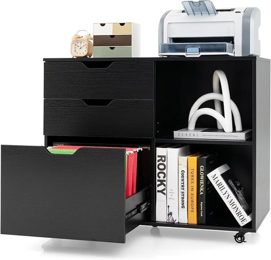 Giantex 3 Drawer File Cabinet, Office Storage Cabinet Fits Files Letter, A4, Legal Size, Rolling Printer Stand with Adjustable Shelf, Office Organization and Storage, Lateral Filing Cabinet (Black)