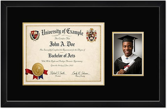 CountryArtHouse Fits 13 x 10 College Diploma (Traditional) and 5 x 7 Photo Diploma and Photo Frame Matte Black Genuine Hardwood with Black Over Metallic Gold Double mat