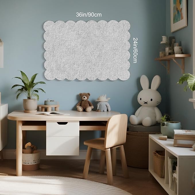 Scalloped Bulletin Board, 36 x 24 Inches Felt Pin Board - Decorative Cork Alternative for Wall, Foldable Picture Self-Adhesive Vision Prayer Board with 20 Pushpins - Light Gray