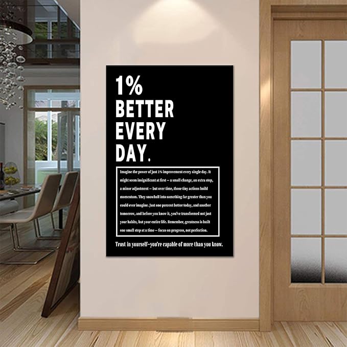 Large Motivational Wall Art 1% Better Every Day Framed Canvas Print Inspirational Decor for Office Conference Room Gym Large Growth Mindset Poster Entrepreneur Success Wall Art Decor [24''Wx36''H]