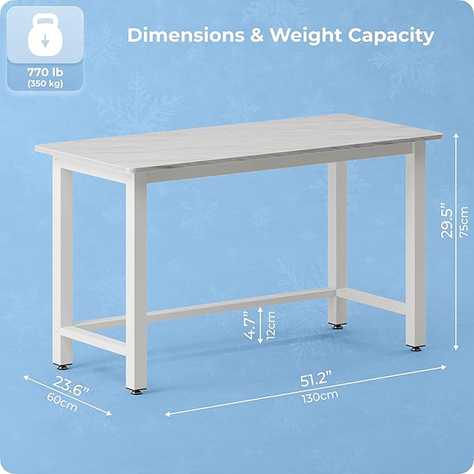 51" Home Office Desk Modern Computer Desk 51.2x23.6x29.5 inches PC Table with Thicken Frame Industrial Style Sturdy Metal Frame Furniture for Writing Gaming Marble White+White