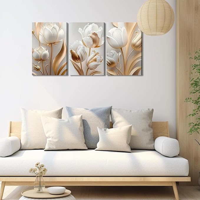 3Pcs Vintage Minimalist Floral Canvas Wall Art White Gold Abstract flowers Wall Decor Pictures Modern Luxury Prints tulip Plants Painting Artwork for Office Home Decoration 16x24in