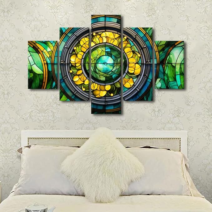 Canvas Wall Art Abstract Canvas Wall Art Decor Green Yellow Brown Canvas Artwork 5 Panel Living Room Decor for Native Americans Bedroom Home Wall Decor Stretched and Framed Ready to Hang 60x40 in