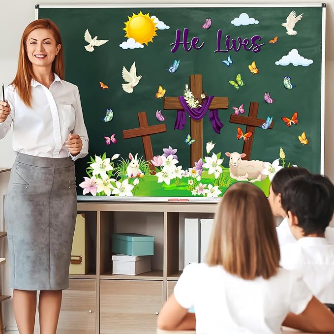 Funrous Easter Classroom Decorations Easter Christian Bulletin Board Set Religious Bunny Cross Cutouts for Spring School Sunday Home Church Wall Door(Christian)