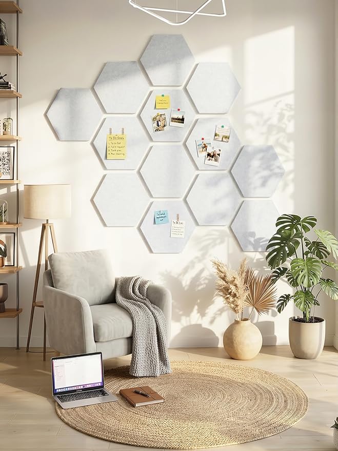 8 Pack Hexagon Felt Bulletin Board Tiles - 11.8" Large Thick Pin Board for Walls with 30 Push Pins, DIY Boards for Office Home School Decor, Aesthetic Hex Cork Board Alternative