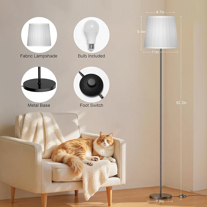 Floor Lamp with Pleated Shade - 62'' LED Standing Lamp with Foot Switch & Night Light, 3 Color Temps, 9W E26 Bulb Included, Modern Corner Lamp for Bedroom Living Room Office Reading, Black