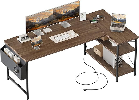 Mericonia Small L Shaped Computer Desk with Power Outlets, Reversible Gaming Desk with Storage Shelves, Corner Gamer Desk Table, Study Writing Table