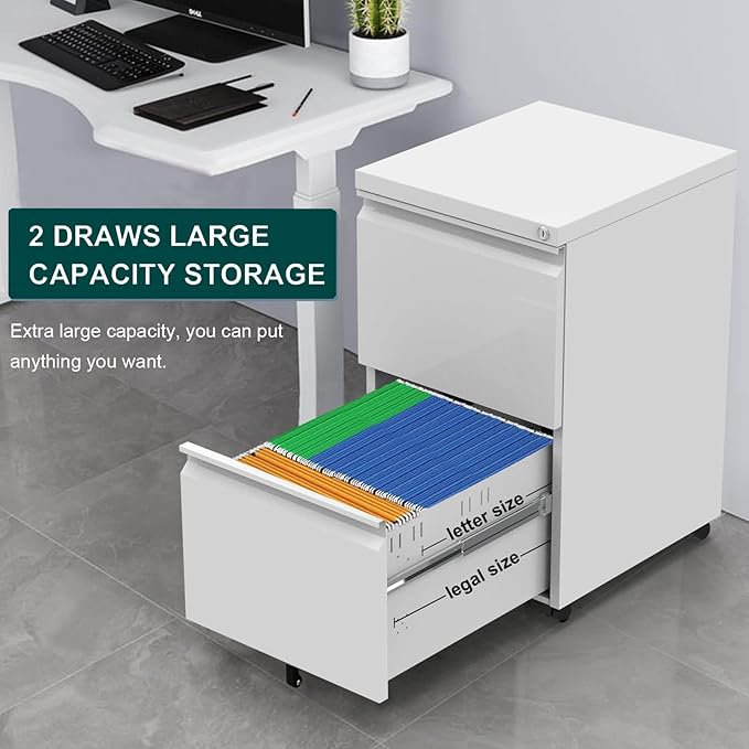 2 Drawer Mobile File Cabinet with Lock and Wheel, Anti-tilt Design Metal Vertical Filing Cabinet, Rolling Desk Filing Cabinet fits Letter/Legal Size for Home Office (White)