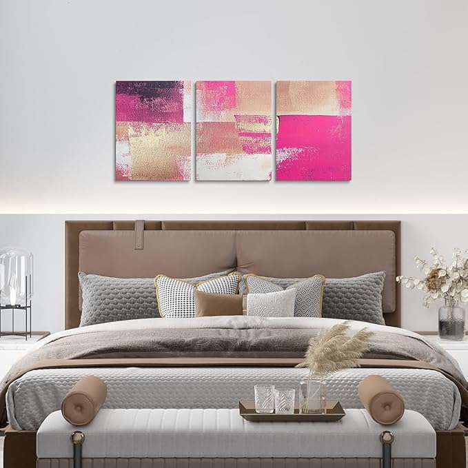 jejeloiu 12"x16"x3pcs Abstract Oil Painting Office Decorations Artwork Posters Abstract Art 3 Piece Canvas Wall Art for Living Room Bedroom Hot Pink Modern Picture Wall Decor