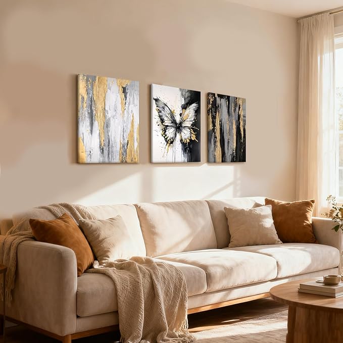 NCCXNCC 3Pcs Abstract Black and Gold Flowing Butterfly Canvas Wall Art Modern Minimalist Wall Decoration Artwork Black and White Abstract Poster Print Suitable for Living Room/Office12x16Inch Framed