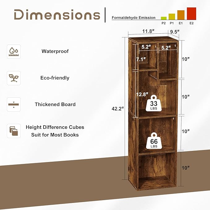 VECELO 4-Tier Bookcase, Modern Storage Cabinet with Height Difference Shelves for Standard Textbooks, 5 Cubes, Vertical or Horizontal, Easy Assembly, Rustic Brown