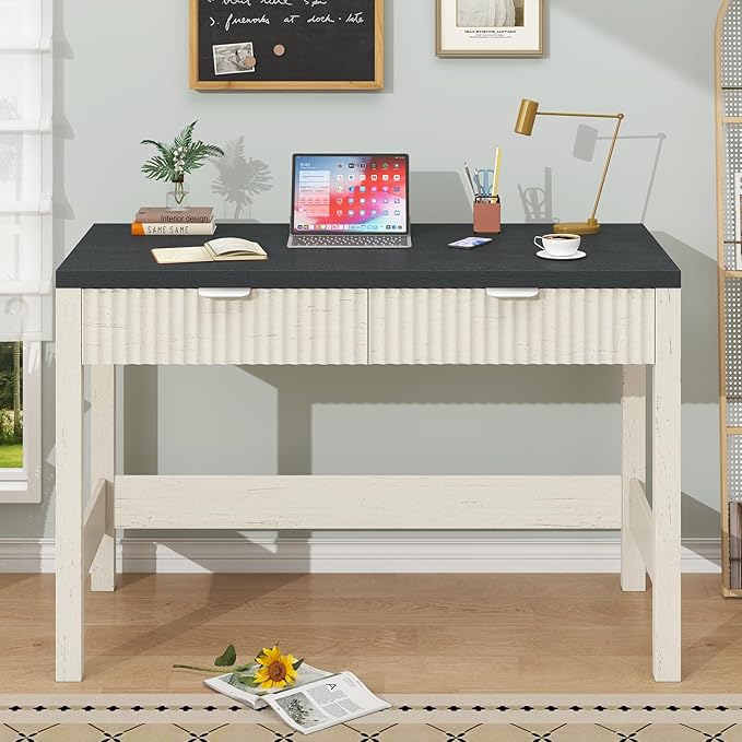 Fluted Computer Desk with 2 Drawers, 39 Inch Small Computer Desk with Storage, Compact Writing Study Desk for Small Spaces, Black and White