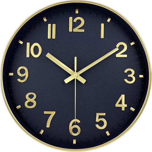 Wall Clock, 8 Inch Wall Clocks Battery Operated, Modern Non Ticking Silent Digital Analog Small Wall Clock for Bedroom Living Room Kitchen Office Gym Classroom Outdoor Clocks, Gold Blue