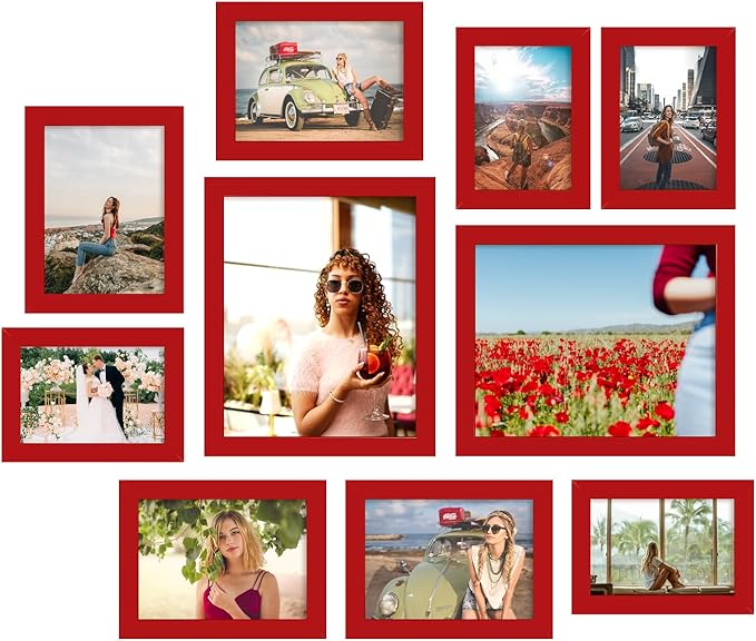 iRahmen Collage Picture Frames Set of 10, Wall Decor for Mounting or Tabletop Display, Family Photo Gallery Frame Set - Multi Sizes Including Two 8x10, Four 5x7, Four 4x6, HD Glass, Wooden, Christmas Red