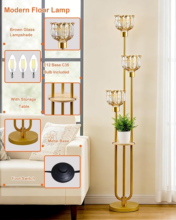 Lightdot Glass Floor Lamp for Living Room 3-Lights Modern Dimmable Gold Floor Lamp with Amber Glass Shade & 3000K Bulbs Included Unique Tall Standing Lamp for Bedroom/Sofa Beside/Corner Decor