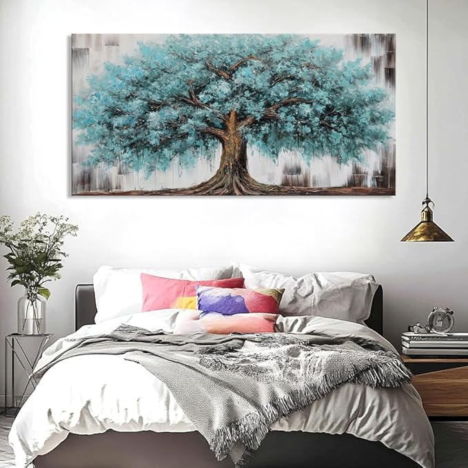 liysawg Wall Art Tree of Life Abstract Modern Artwork Blue Teal Tree Canvas Painting for Bedroom Living Room Office Large Decor 71"x36"