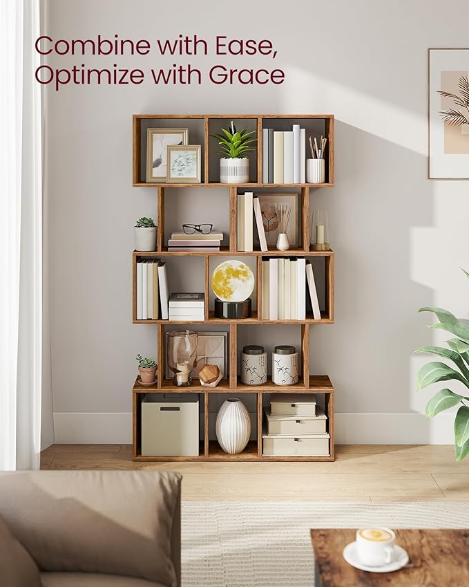 VASAGLE Bookshelf, 5-Tier Bookcase, 9.4 x 15.7 x 62.6 Inches, Storage Shelf with Open Compartments, Modern Style, for Living Room, Bedroom, Office, Rustic Brown ULBC462K01