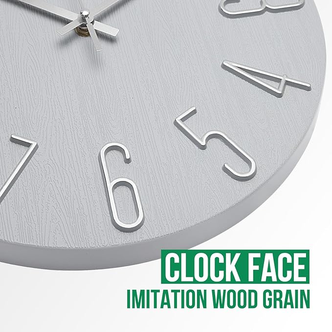 Wall Clock 12 Inch Silent Non-Ticking Imitation Wood Indoor Clock Round Gray Blue Decor Clock Modern 3D Figures Quartz Wall Clocks for Home, Hotel, Office, School