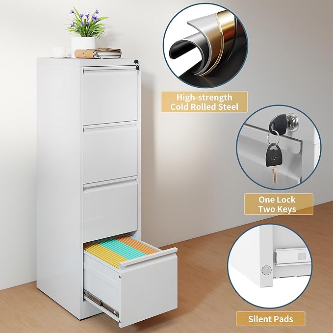 4 Drawer File Cabinet with Lock, Vertical Filing Cabinets for Home Office, Metal Storage Cabinets, Heavy Duty File Cabinet for Letter/Legal/A4/F4 Size Amsseble Required, White
