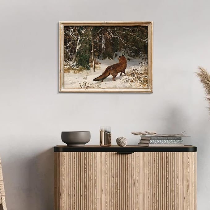 uniro Vintage Wall Art Prints - Vintage Landscape Oil Painting, Antique Fox in Winter Christmas Wall Decor - Farmhouse Canvas Wall Art Decor - Retro winter Landscape Watercolor Animal Picture Aesthetic for Bedroom Bathroom Living Room Christmas Holiday...