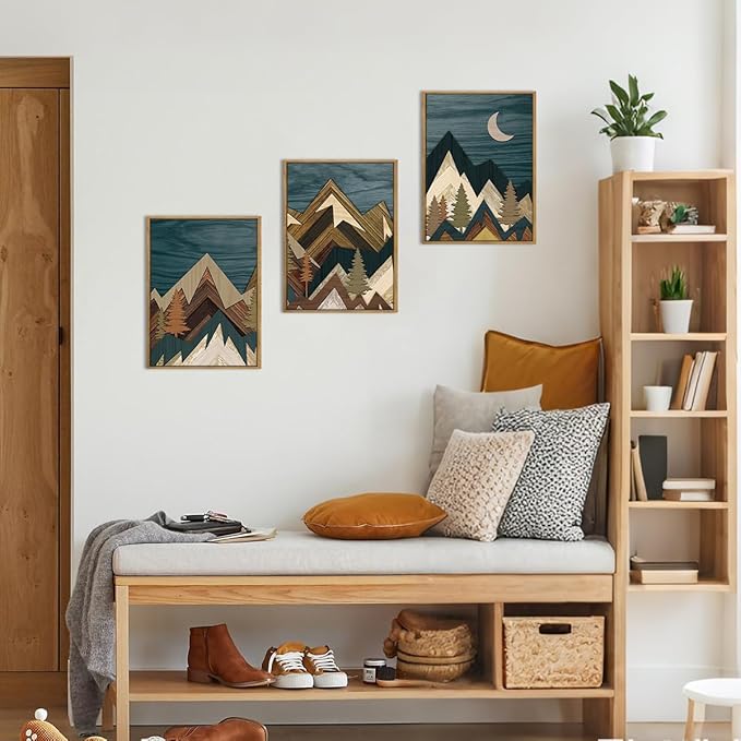 BINCUE Boho Mountain Wall Art Framed,Large Landscape Wall Decor Canvas,Modern Nature Artwork Forest,Abstract Blue Mountain Art Prints Wood for Home Bedroom Living Room Office 12" Lx16''W Set of 3
