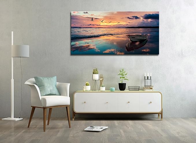 OKEXCKK Beach Large Canvas Wall Art Picture for Living Room - Sunset Ocean Landscape Painting Print Decor Coastal Wall Decor Seascape Artwork Poster for Bedroom Kitchen Decoration - 24"x48"