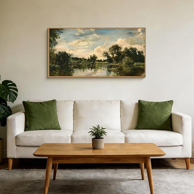 Aryroi Large Natural Forest and Lake Framed Canvas Wall Art,Modern Countryside Wall Decor,Vintage Neutral Landscape Artwork,Rustic Antique Scenery Art Print for Living Room,Bedroom,Office- 40"x20"x1
