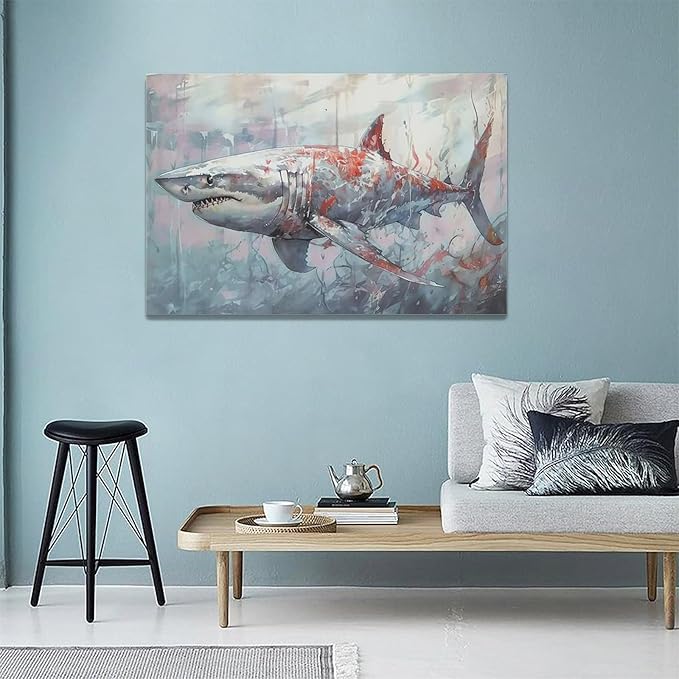 yerretin Ocean Shark Wall Art Nautical Shark Pictures Wall Decor Beach Coastal Undersea Canvas Painting Modern Artwork Home Decorations for Bathroom Bedroom Living Room Office Framed 24"x16"