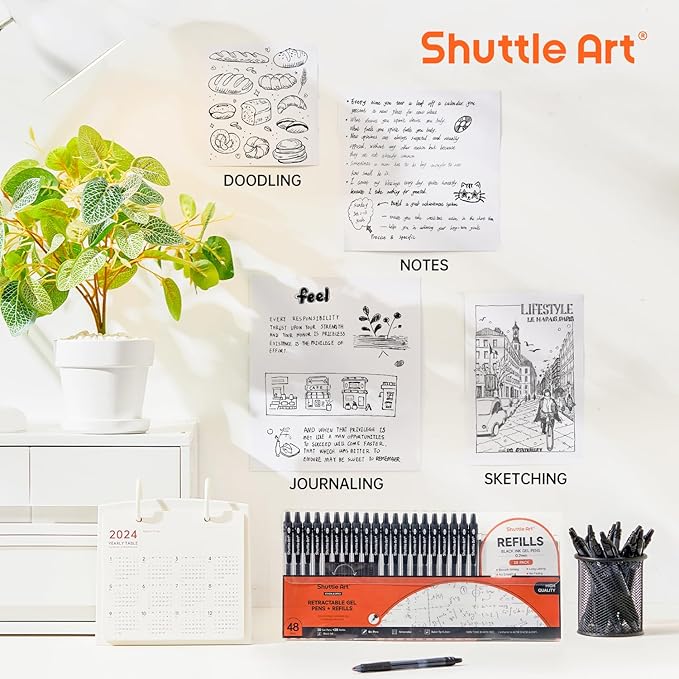 Shuttle Art Black Gel Pens, 96 Pack(20 Pens with 28 Refills) Retractable Medium Point Rollerball Gel Ink Pens Smooth Writing with Comfortable Grip for Office School Home Work