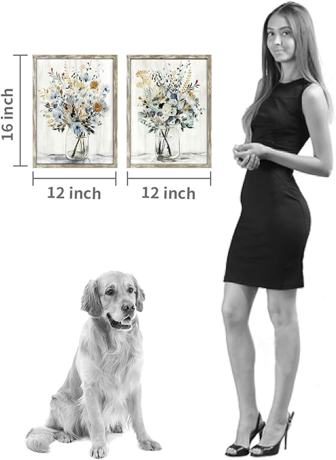 Floral Picture Wall Art Painting: Blossom Bouquet Flowers Prints on Rustic Wood and Handcrafted Wooden Framed Artwork for Home and Bedroom (12” x 16” x 2pcs)